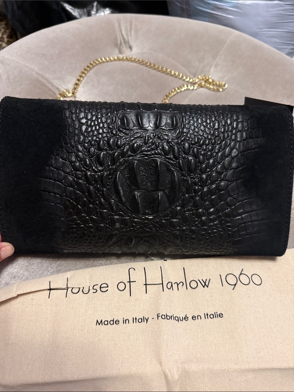 House of Harlow 1960 Black Croc-Embossed Suede Clutch with Gold Chain - Picture 3 of 9